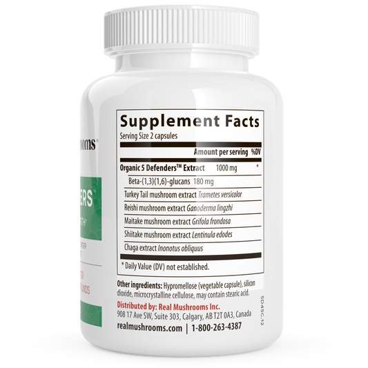 The 5 Defenders Organic Mushroom Blend Capsules by Real Mushrooms is a vegan, organic supplement rich in beta-glucans, featuring Turkey Tail, Reishi, Maitake, Shiitake, and Chaga mushroom extracts.