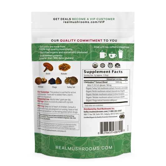 Back of a Real Mushrooms 5 Defenders Organic Mushroom Complex Bulk Powder bag with supplement facts, mushroom images, directions, organic mushroom extract ingredients, and product info on a white and green background.