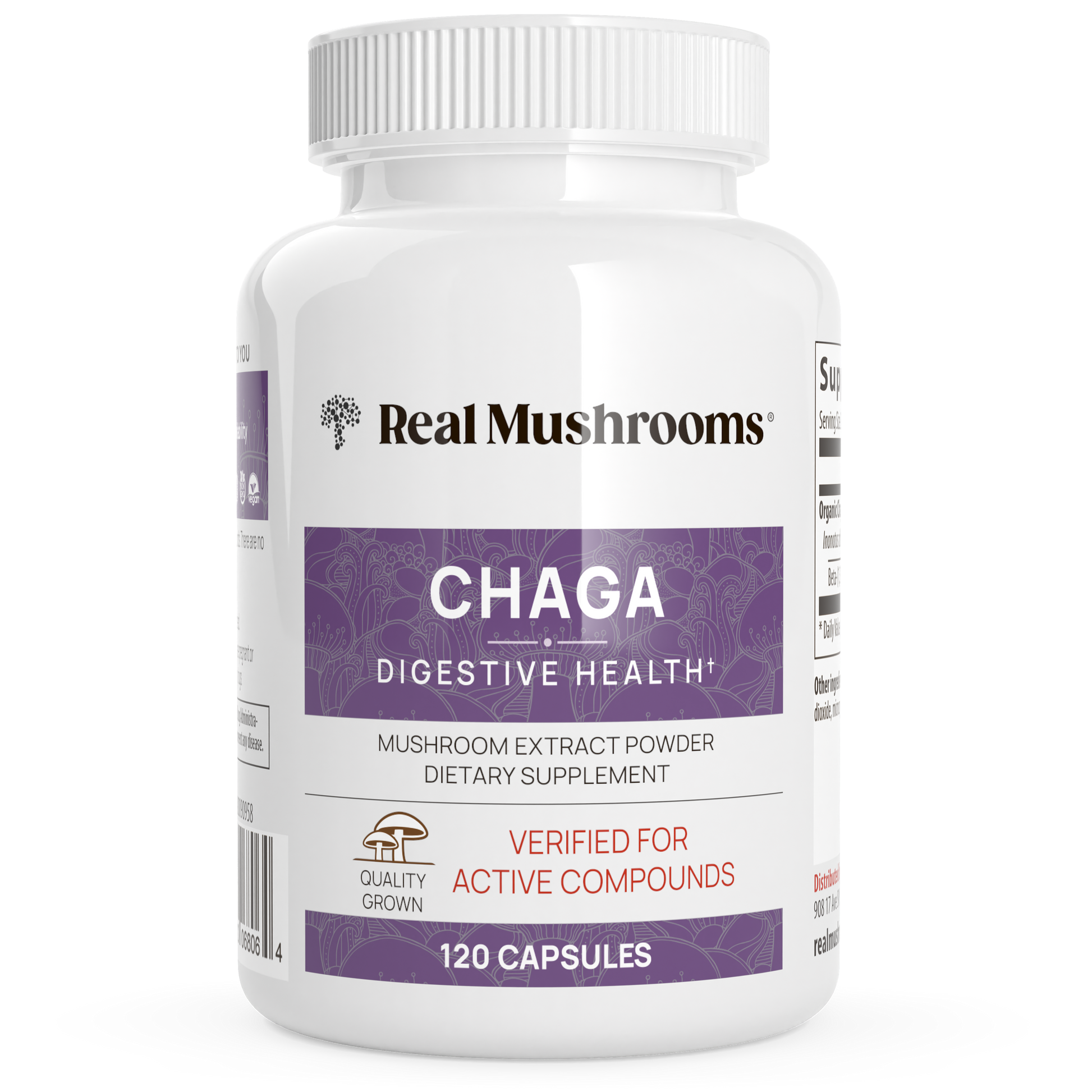 A white bottle labeled "Real Mushrooms Organic Chaga Extract Capsules," containing 120 capsules of organic Chaga mushroom extract rich in beta-glucans, a dietary supplement for digestive support.