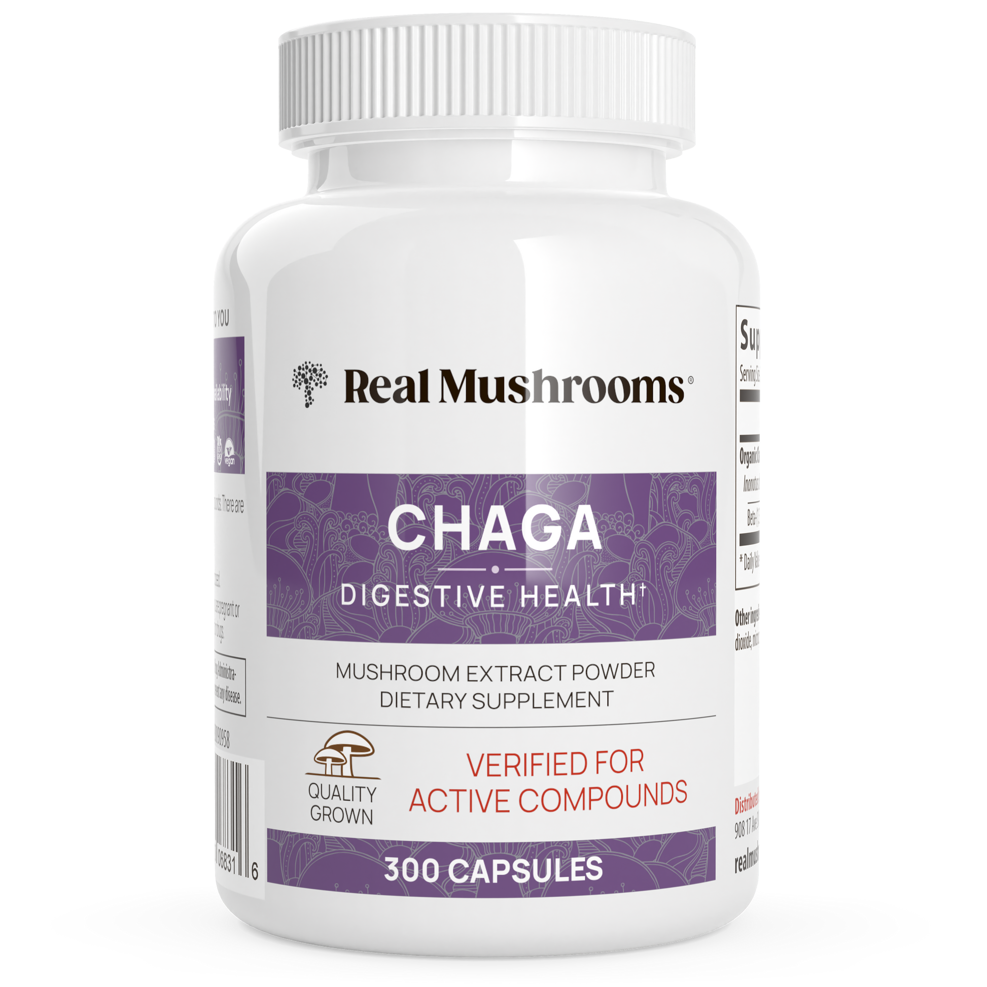White bottle labeled "Real Mushrooms Organic Chaga Extract Capsules," containing 300 organic capsules, a dietary supplement rich in beta-glucans for digestive health.