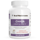 White bottle labeled "Real Mushrooms Organic Chaga Extract Capsules," containing 300 organic capsules, a dietary supplement rich in beta-glucans for digestive health.