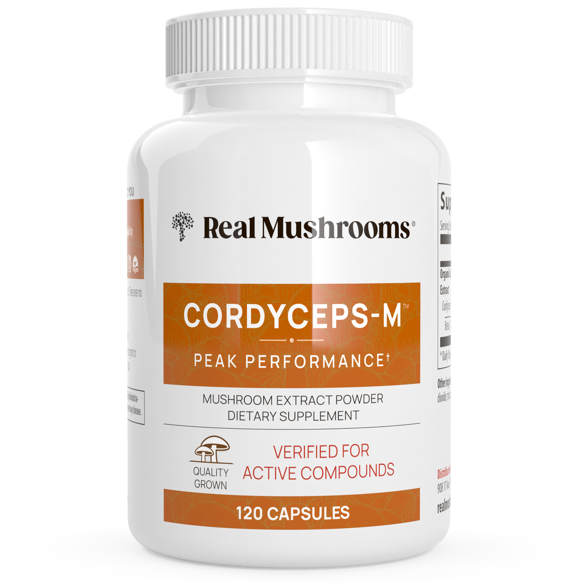 A white bottle labeled "Real Mushrooms Organic Cordyceps Extract Capsules," containing 120 capsules of mushroom extract powder for natural energy support and enhanced stamina.