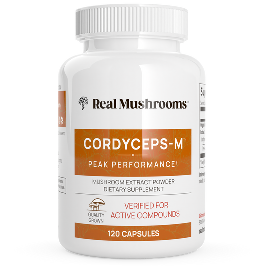 A white bottle labeled "Real Mushrooms Organic Cordyceps Extract Capsules," containing 120 capsules of mushroom extract powder for natural energy support and enhanced stamina.