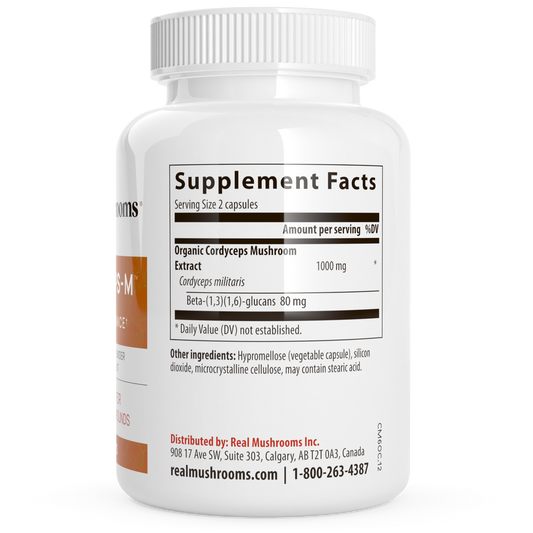 White bottle of Real Mushrooms Organic Cordyceps Extract Capsules showing Supplement Facts label with dosage, ingredients, and distributor info—formulated to support stamina and energy.