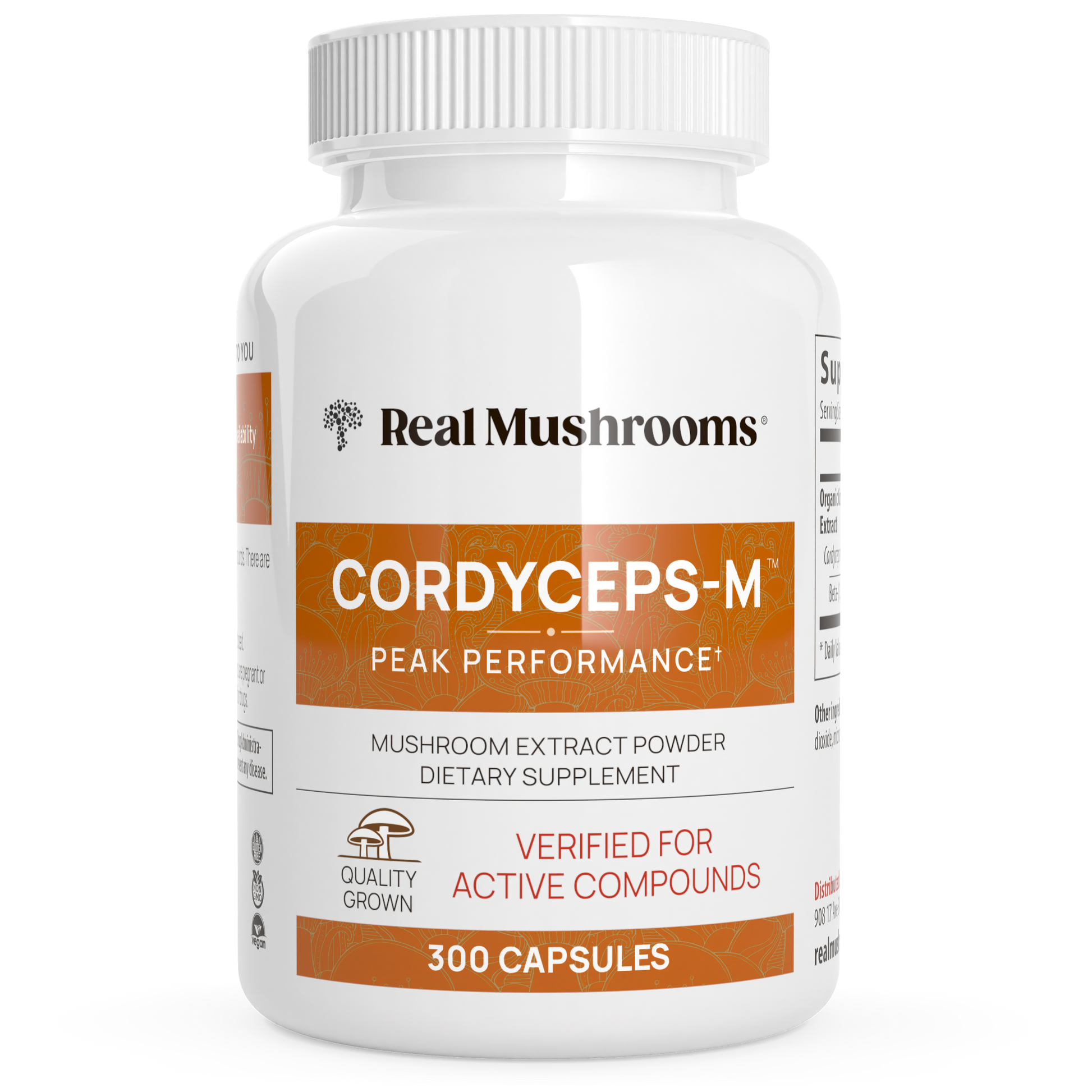 A white bottle labeled "Real Mushrooms Organic Cordyceps Extract Capsules" contains 300 organic capsules, providing a natural energy supplement boost with Cordyceps mushroom extract.