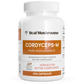 A white bottle labeled "Real Mushrooms Organic Cordyceps Extract Capsules" contains 300 organic capsules, providing a natural energy supplement boost with Cordyceps mushroom extract.