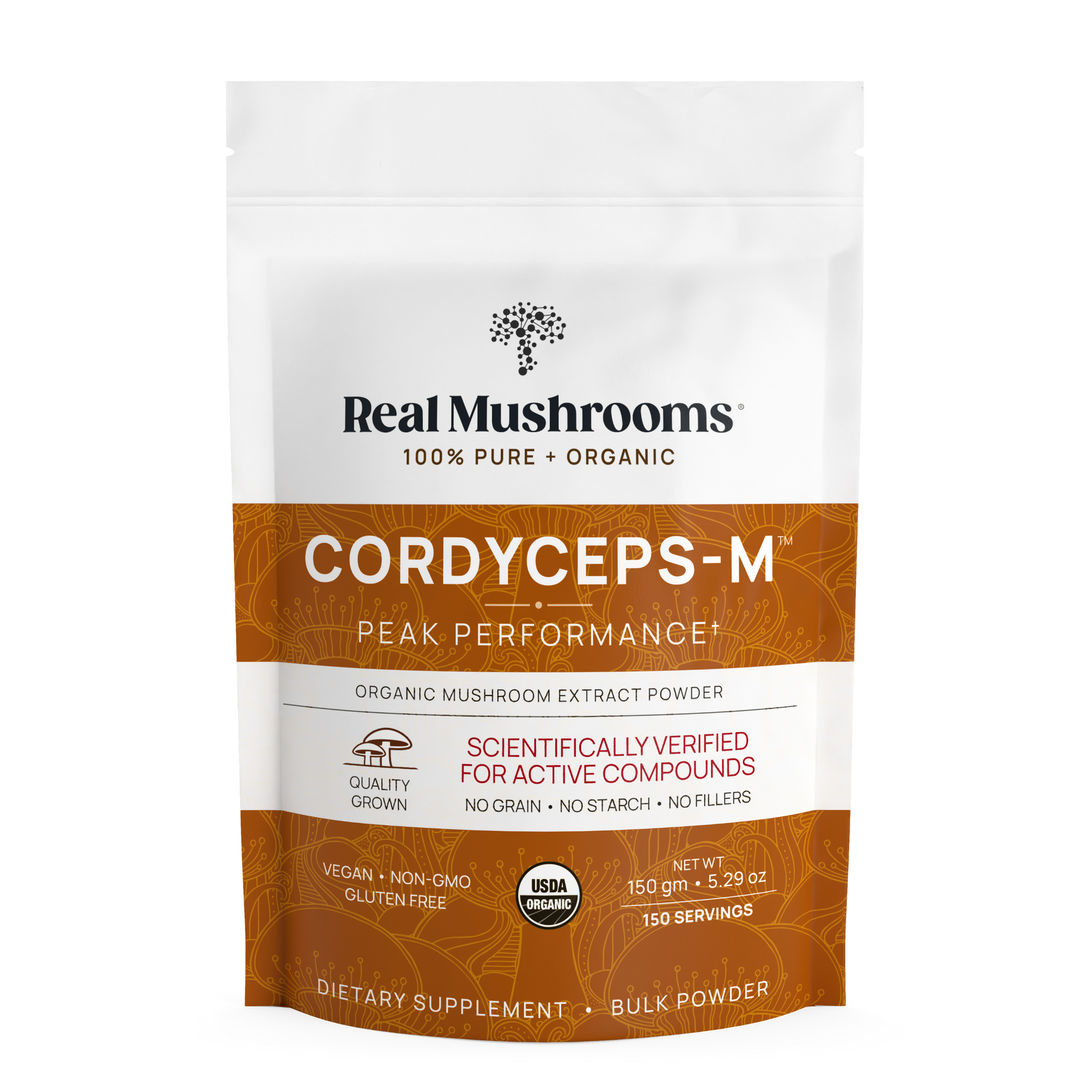 A packet of Real Mushrooms Organic Cordyceps Mushroom Extract Powder – Bulk Supplement, made with Cordyceps militaris, rich in beta-glucans, vegan, non-GMO, gluten-free, and USDA organic certified.