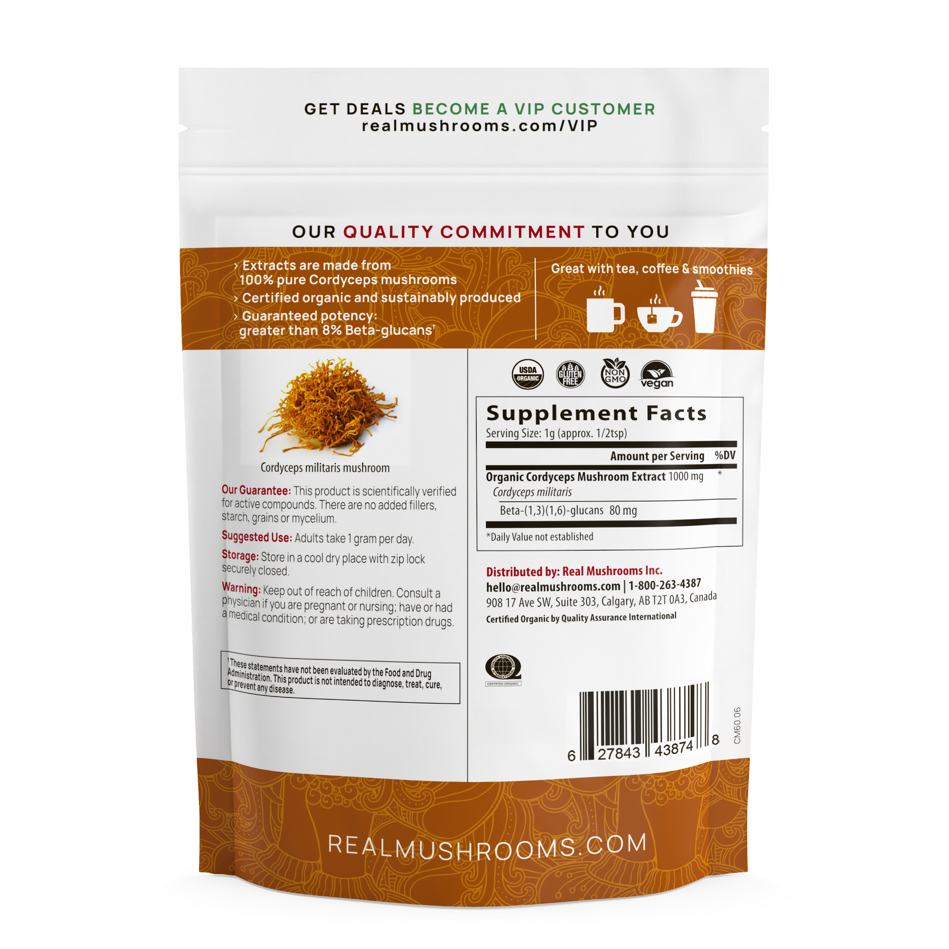 Back of a Real Mushrooms Organic Cordyceps Mushroom Extract Powder – Bulk Supplement pouch showing supplement facts, product details, organic mushroom powder and Cordyceps militaris extract ingredients, usage info, beta-glucans content, and a barcode.