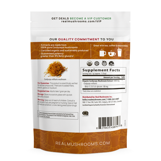 Back of a Real Mushrooms Organic Cordyceps Mushroom Extract Powder – Bulk Supplement pouch showing supplement facts, product details, organic mushroom powder and Cordyceps militaris extract ingredients, usage info, beta-glucans content, and a barcode.