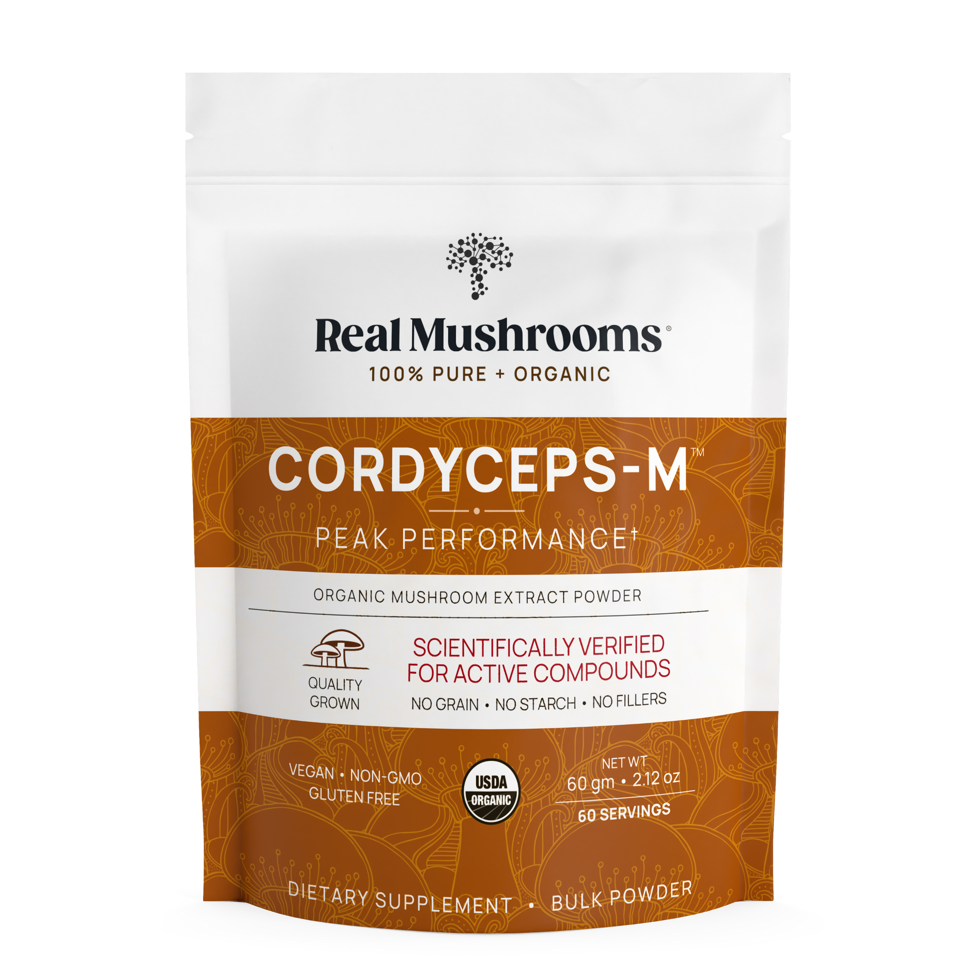 A pouch of Real Mushrooms Organic Cordyceps Mushroom Extract Powder – Bulk Supplement, labeled vegan, non-GMO, USDA organic, with Cordyceps militaris extract and 60 servings per package.