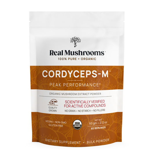 A pouch of Real Mushrooms Organic Cordyceps Mushroom Extract Powder – Bulk Supplement, labeled vegan, non-GMO, USDA organic, with Cordyceps militaris extract and 60 servings per package.