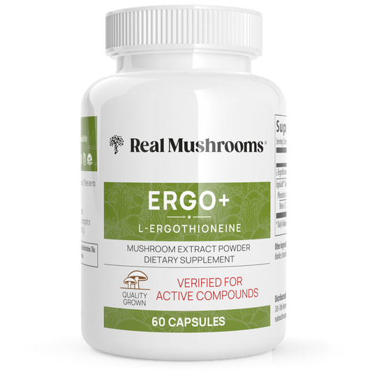 A white bottle labeled "Real Mushrooms Ergo+ Ergothioneine Supplement," featuring mushroom extract powder, dietary supplement, 60 capsules.