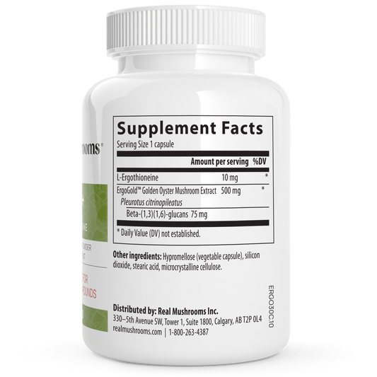 White bottle of Real Mushrooms Ergo+ Ergothioneine Supplement displays the Supplement Facts label, listing ingredients like L-ergothioneine and golden oyster mushrooms, with a serving size of 1 capsule.