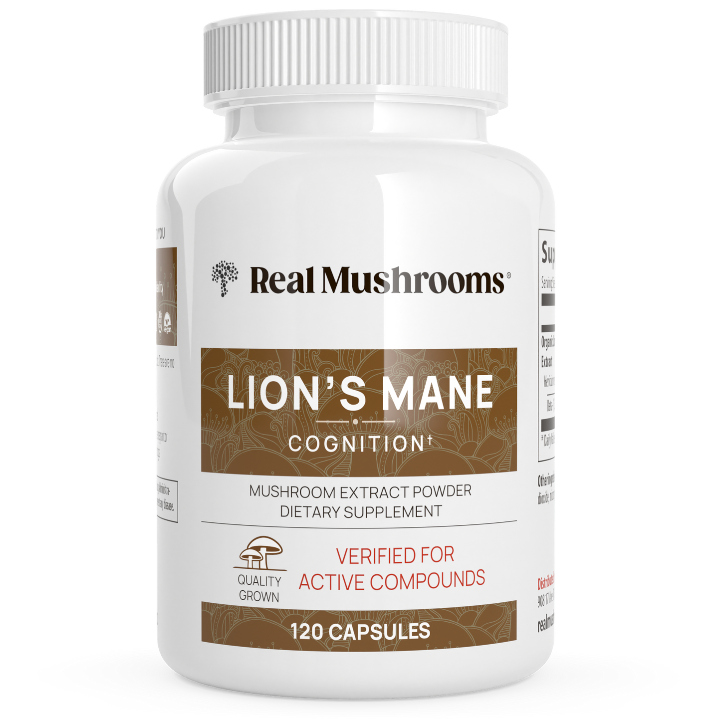 A bottle of Real Mushrooms Organic Lions Mane Extract Capsules contains 120 capsules made from organic mushrooms, rich in beta-glucans to support cognitive health.