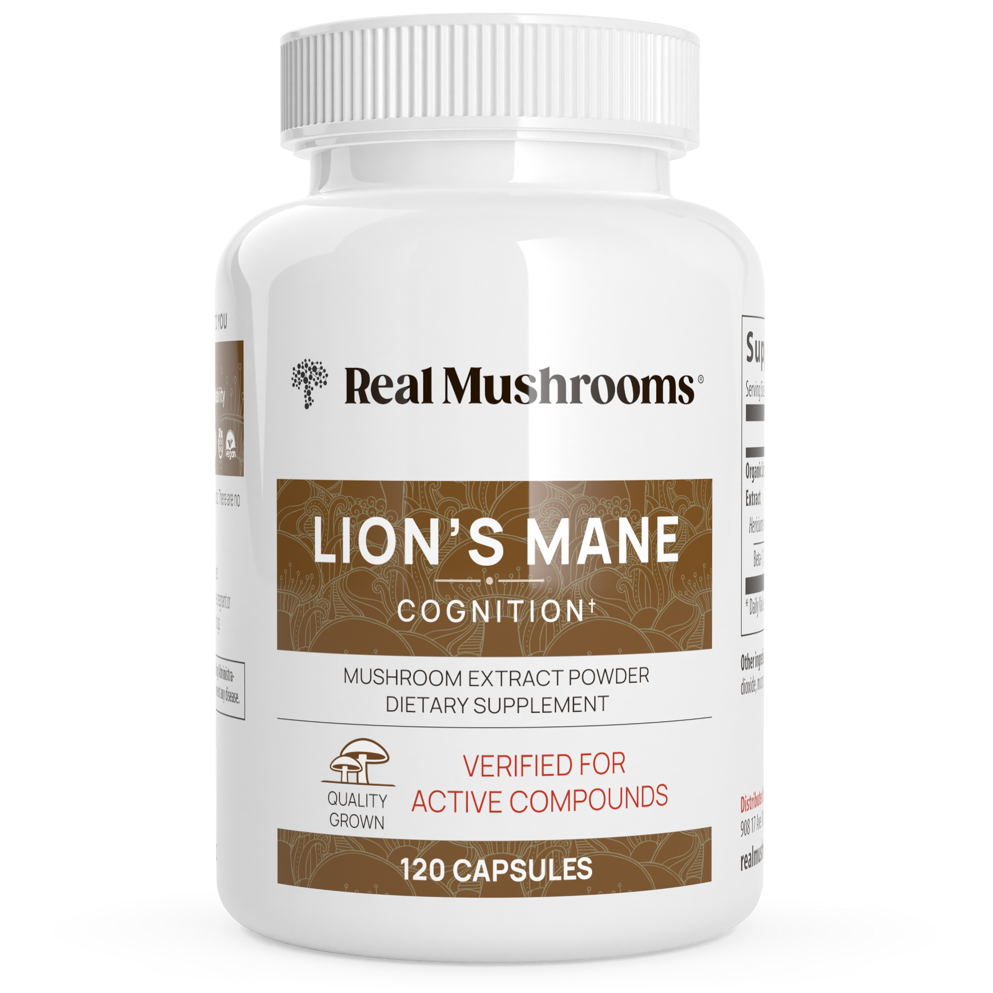 A bottle of Real Mushrooms Organic Lions Mane Extract Capsules contains 120 capsules made from organic mushrooms, rich in beta-glucans to support cognitive health.