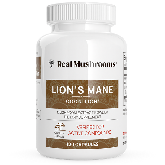 A white bottle labeled "Real Mushrooms Organic Lion's Mane Extract Capsules" contains 120 capsules made from organic mushrooms, formulated as a dietary supplement to support cognitive and immune health.