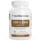 A white bottle labeled "Real Mushrooms Organic Lion's Mane Extract Capsules" contains 120 capsules made from organic mushrooms, formulated as a dietary supplement to support cognitive and immune health.
