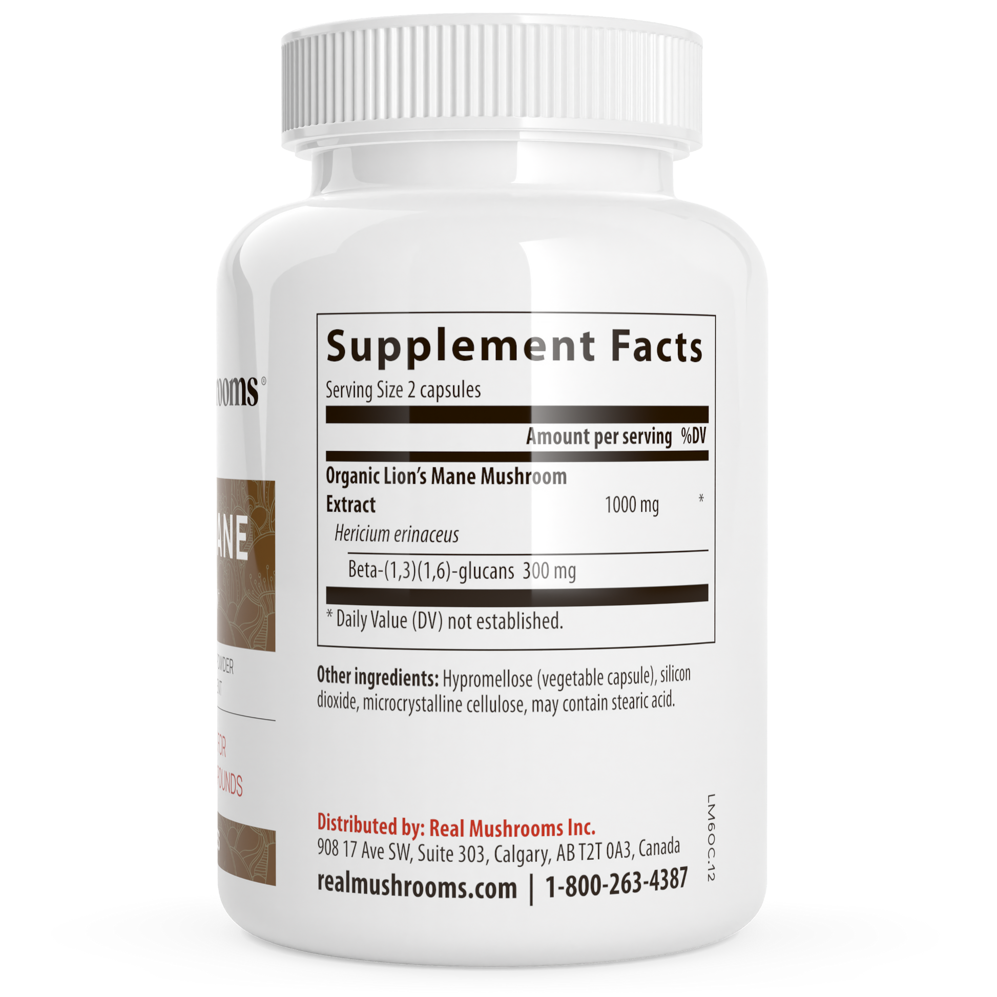 White bottle of Real Mushrooms Organic Lions Mane Extract Capsules, featuring a label with supplement facts, ingredients, distributor contact information, and dosage instructions.
