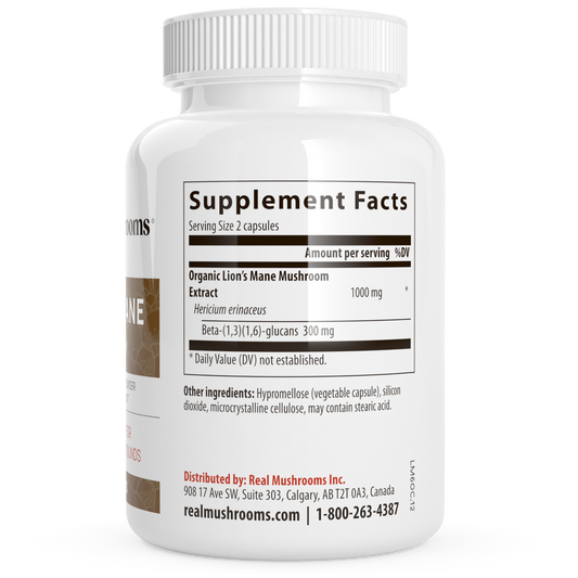 White bottle of Real Mushrooms Organic Lions Mane Extract Capsules, featuring a label with supplement facts, ingredients, distributor contact information, and dosage instructions.