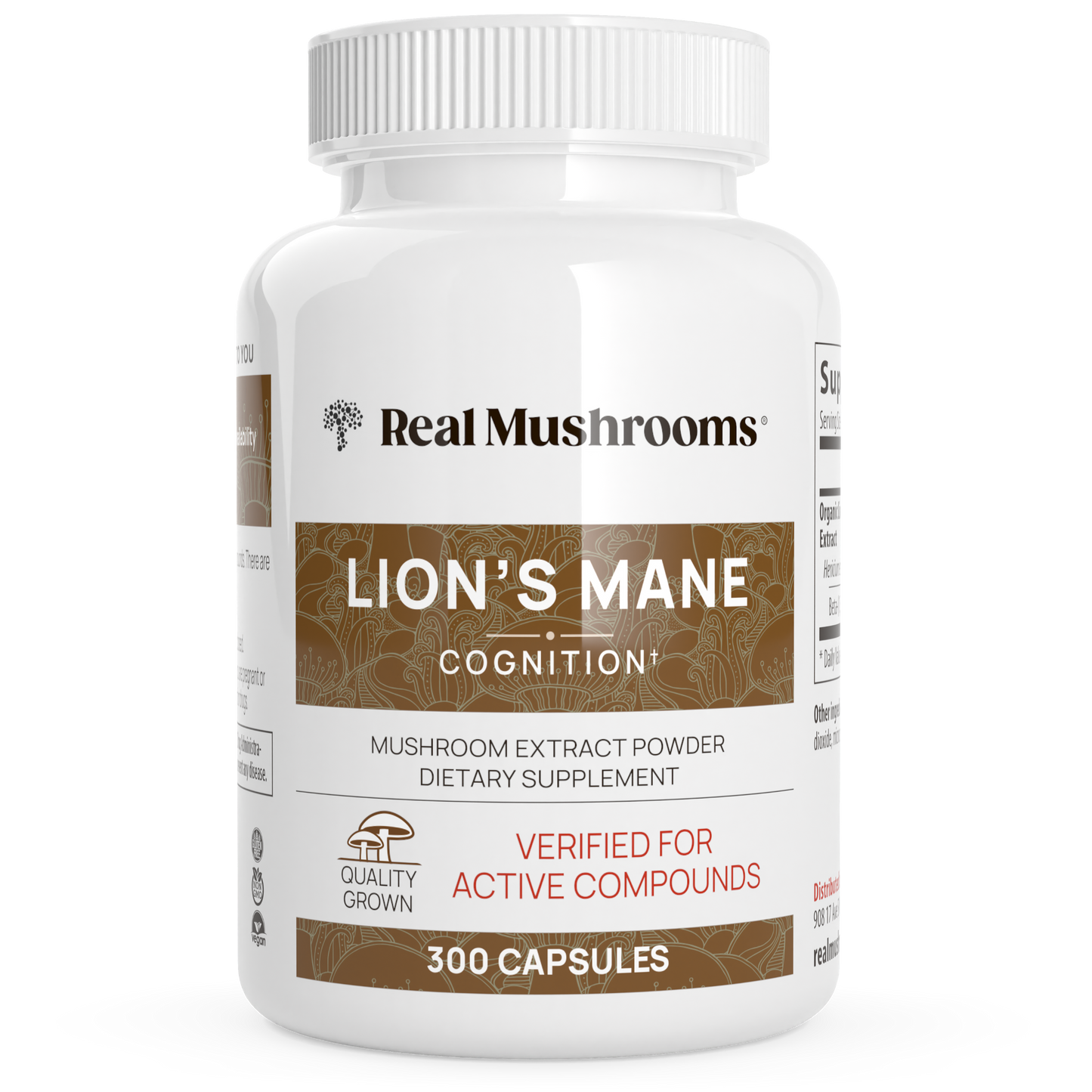 A white bottle of Real Mushrooms Organic Lions Mane Extract Capsules, containing 300 capsules, features labels highlighting organic mushrooms and verified active compounds like beta-glucans for cognitive support.