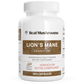 A white bottle of Real Mushrooms Organic Lions Mane Extract Capsules, containing 300 capsules, features labels highlighting organic mushrooms and verified active compounds like beta-glucans for cognitive support.