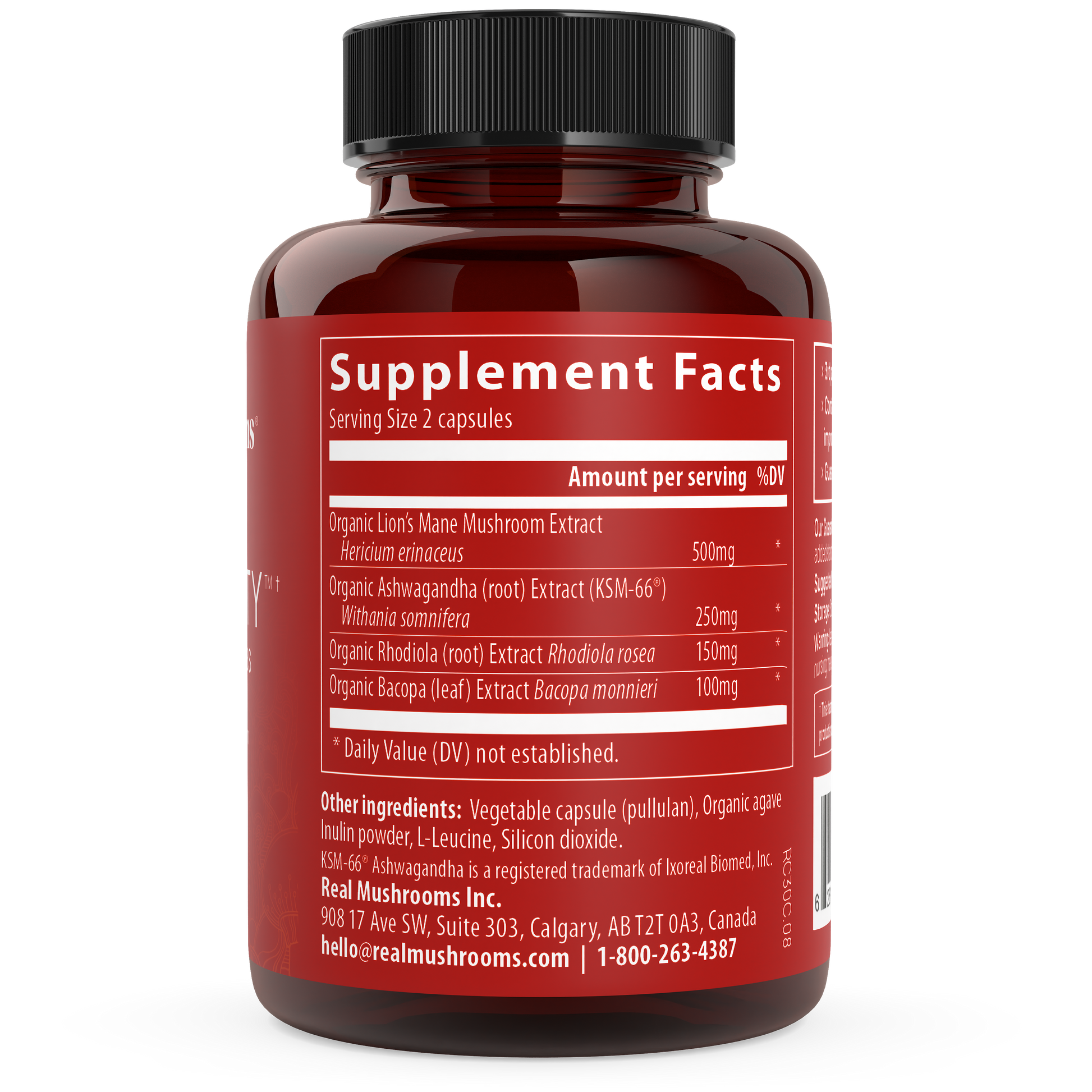 The Real Mushrooms' RealClarity bottle has a bold red label with contact info, address, and supplement facts, featuring ingredients such as Lion's Mane mushroom, Ashwagandha Extract, and Rhodiola.