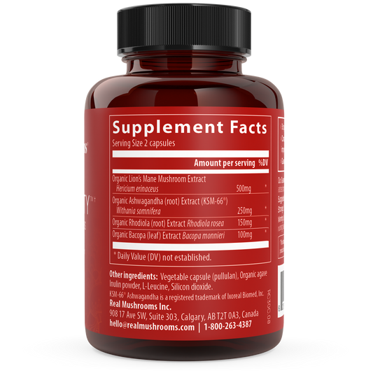 The Real Mushrooms' RealClarity bottle has a bold red label with contact info, address, and supplement facts, featuring ingredients such as Lion's Mane mushroom, Ashwagandha Extract, and Rhodiola.