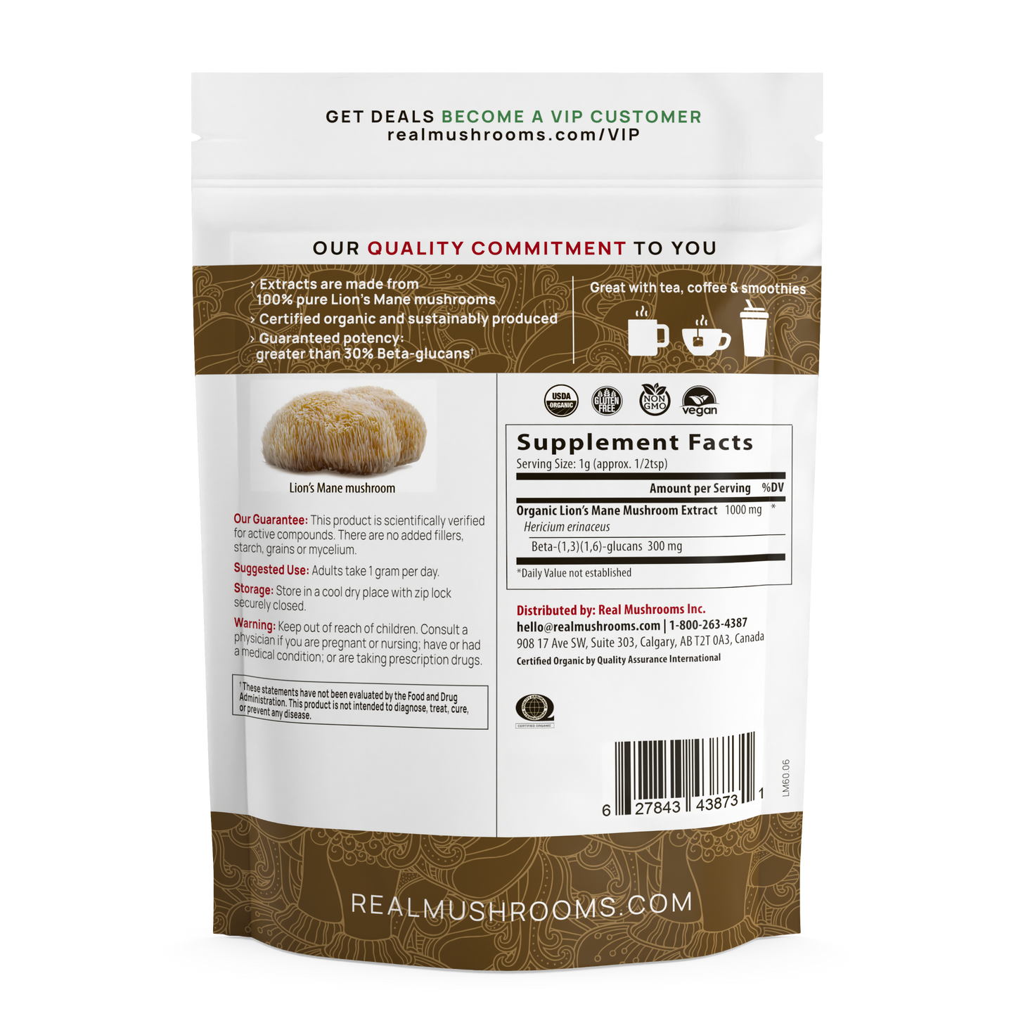 Back of a Real Mushrooms Lion’s Mane Mushroom Powder pouch showing supplement facts, beta-glucan content, quality commitment, guarantee, and contact details.
