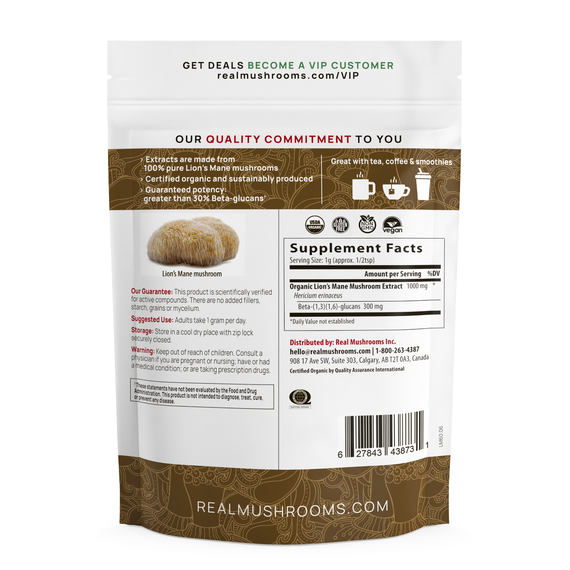 Back of a Real Mushrooms Lion’s Mane Mushroom Powder pouch showing supplement facts, beta-glucan content, quality commitment, guarantee, and contact details.