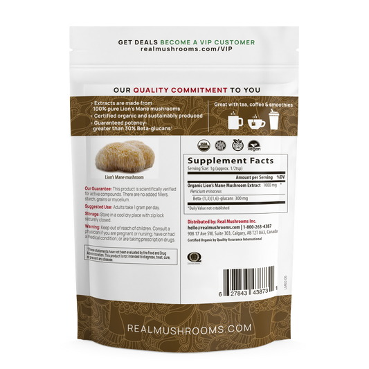 Back of a Real Mushrooms Lion’s Mane Mushroom Powder pouch showing supplement facts, beta-glucan content, quality commitment, guarantee, and contact details.