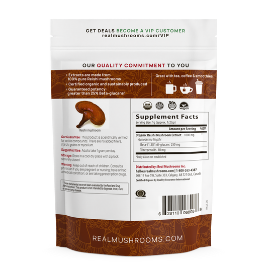 Back of a Real Mushrooms Organic Reishi Mushroom Powder – Bulk Extract pouch, featuring supplement facts, product description, QR code, and brown and white packaging—emphasizing its high beta-glucans content.