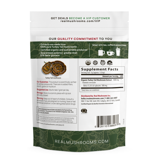 Back of a Real Mushrooms Turkey Tail Extract - Bulk Powder package showing supplement facts, usage directions, ingredients (Turkey Tail extract), barcode, and Real Mushrooms’ quality commitment to organic immune health supplements.