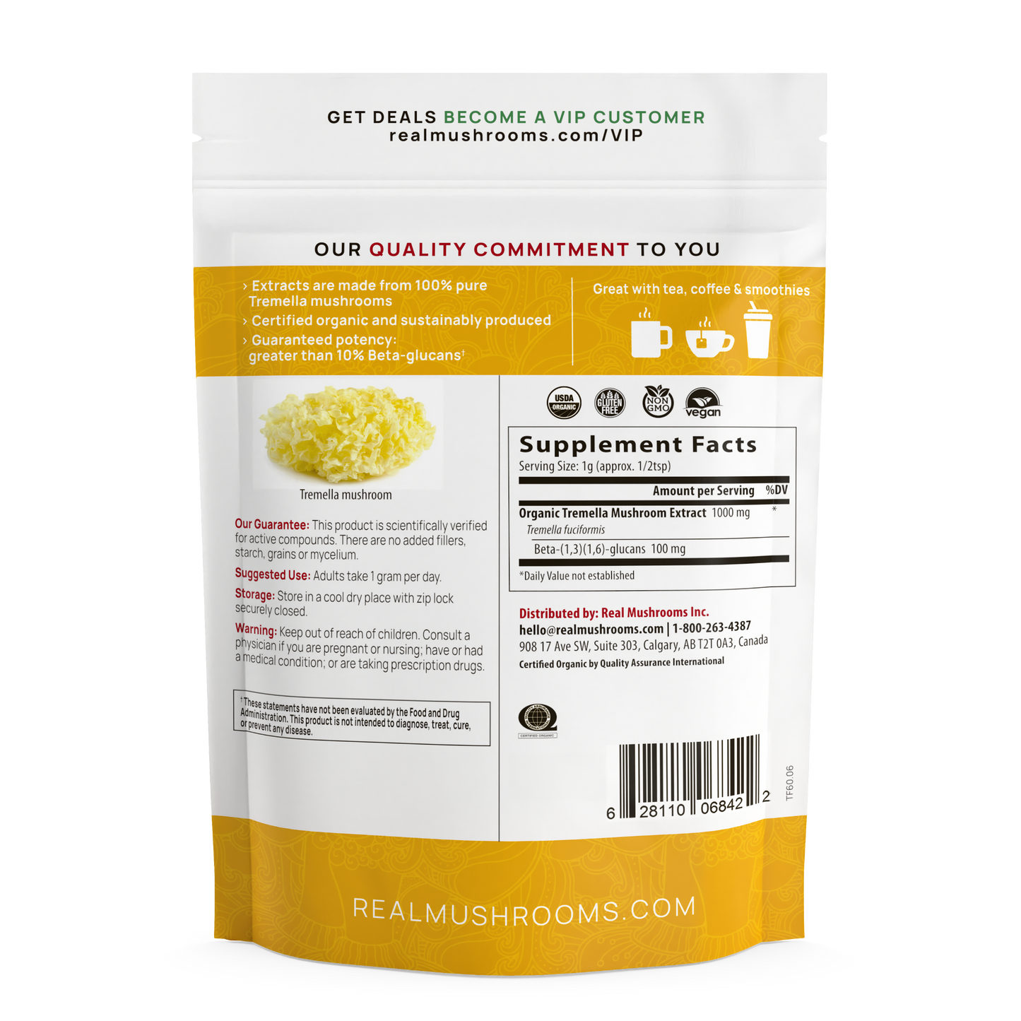 Back of the Real Mushrooms Organic Tremella Extract Powder package with Tremella mushroom extract details, supplement facts, beta-glucans content, usage instructions, and company information.
