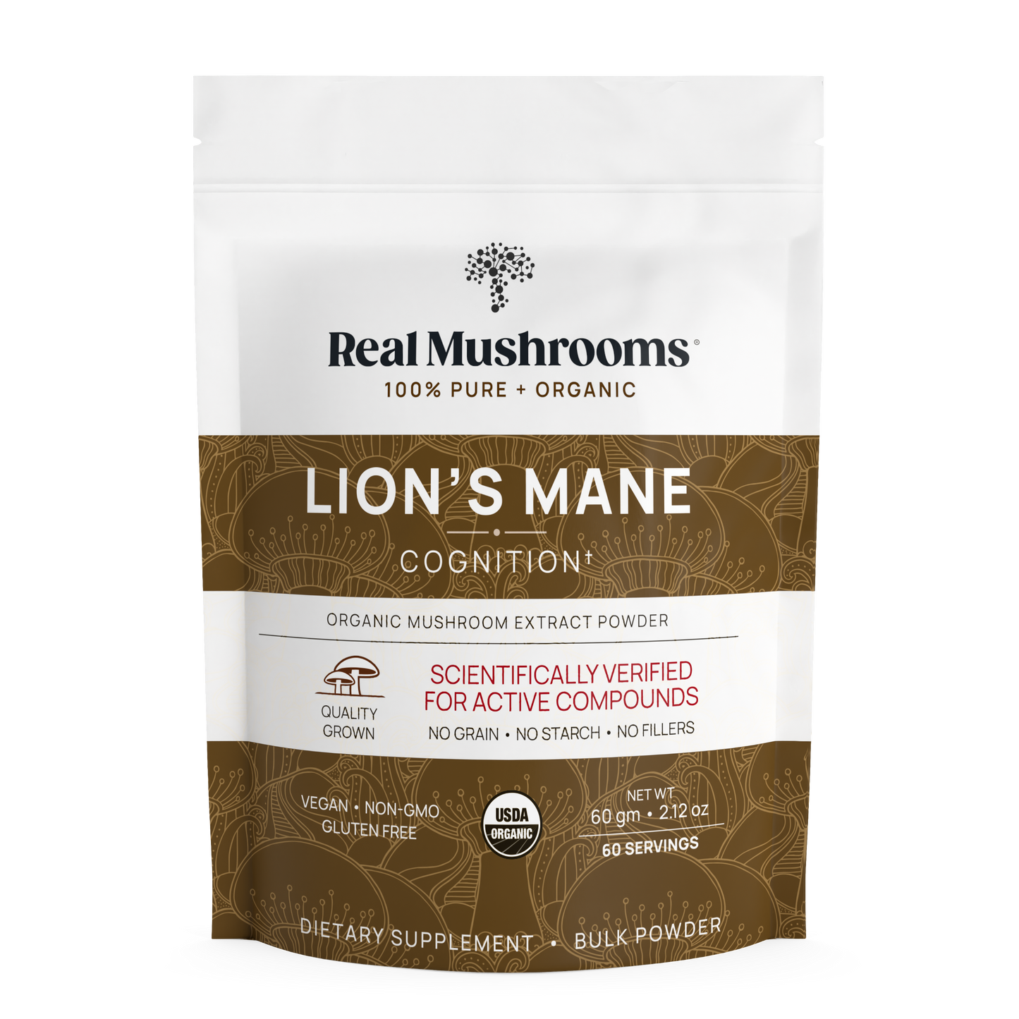 A 60g bag of Real Mushrooms Lion’s Mane Mushroom Powder, featuring extract rich in Beta-glucans for cognition; vegan, non-GMO, gluten-free, USDA organic; contains 60 servings.