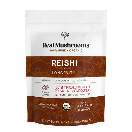 A pouch of Real Mushrooms Organic Reishi Mushroom Powder – Bulk Extract, USDA Organic, vegan, non-GMO, gluten-free, and rich in beta-glucans.