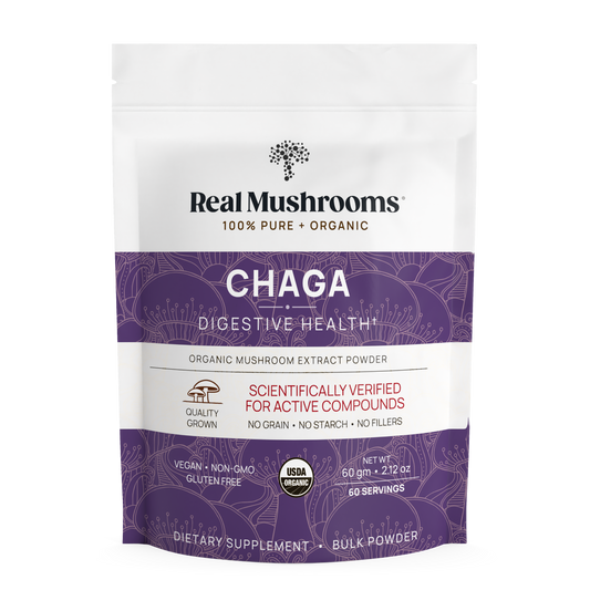 A white resealable pouch of Real Mushrooms Organic Chaga Extract Powder, featuring labels for digestive health and beta-glucans, plus certification icons and product info on the front.