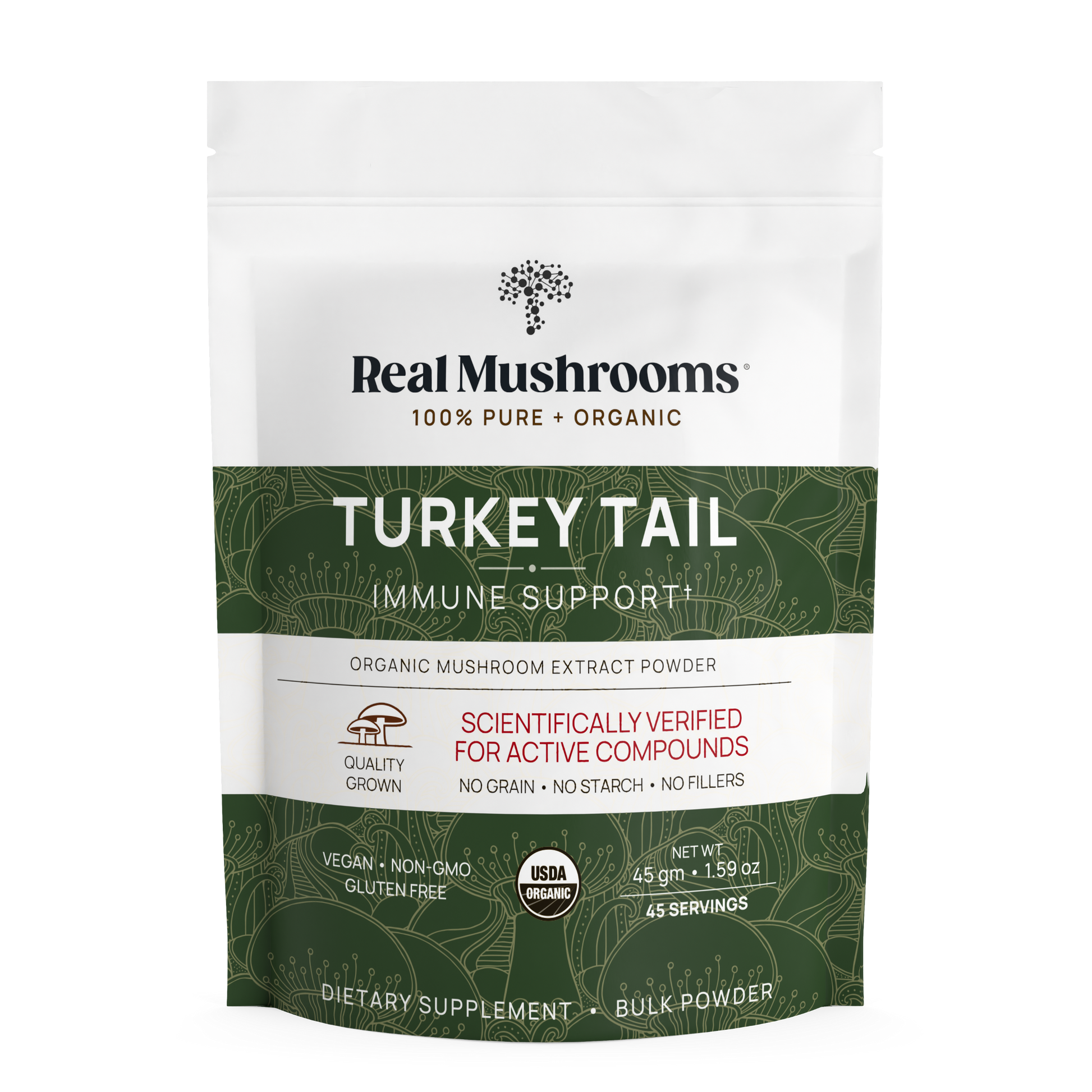 A white and green pouch labeled "Turkey Tail Extract - Bulk Powder" by Real Mushrooms, an organic, vegan, non-GMO, gluten-free supplement providing 45 servings of Turkey Tail powder to support immune health.