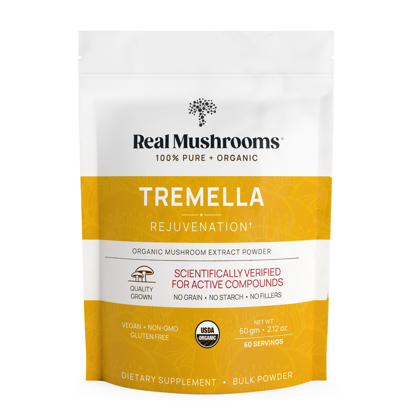 A pouch of Real Mushrooms Organic Tremella Extract Powder with USDA organic, vegan, non-GMO, gluten-free labels, scientifically verified quality, 60 servings, and rich in wellness-boosting beta-glucans.