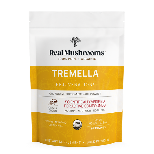 A pouch of Real Mushrooms Organic Tremella Extract Powder with USDA organic, vegan, non-GMO, gluten-free labels, scientifically verified quality, 60 servings, and rich in wellness-boosting beta-glucans.