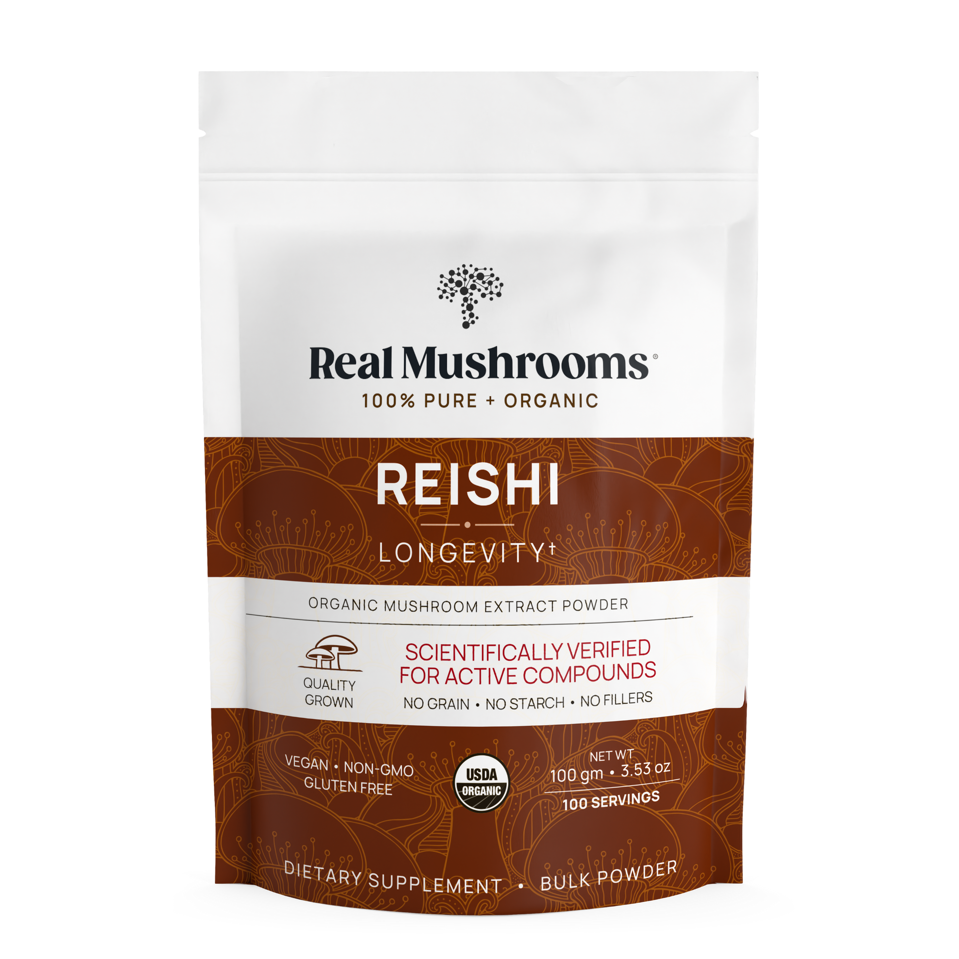 A 100g pouch of Real Mushrooms Organic Reishi Mushroom Powder – Bulk Extract, non-GMO, gluten-free, USDA organic, offers 100 servings rich in beta-glucans.