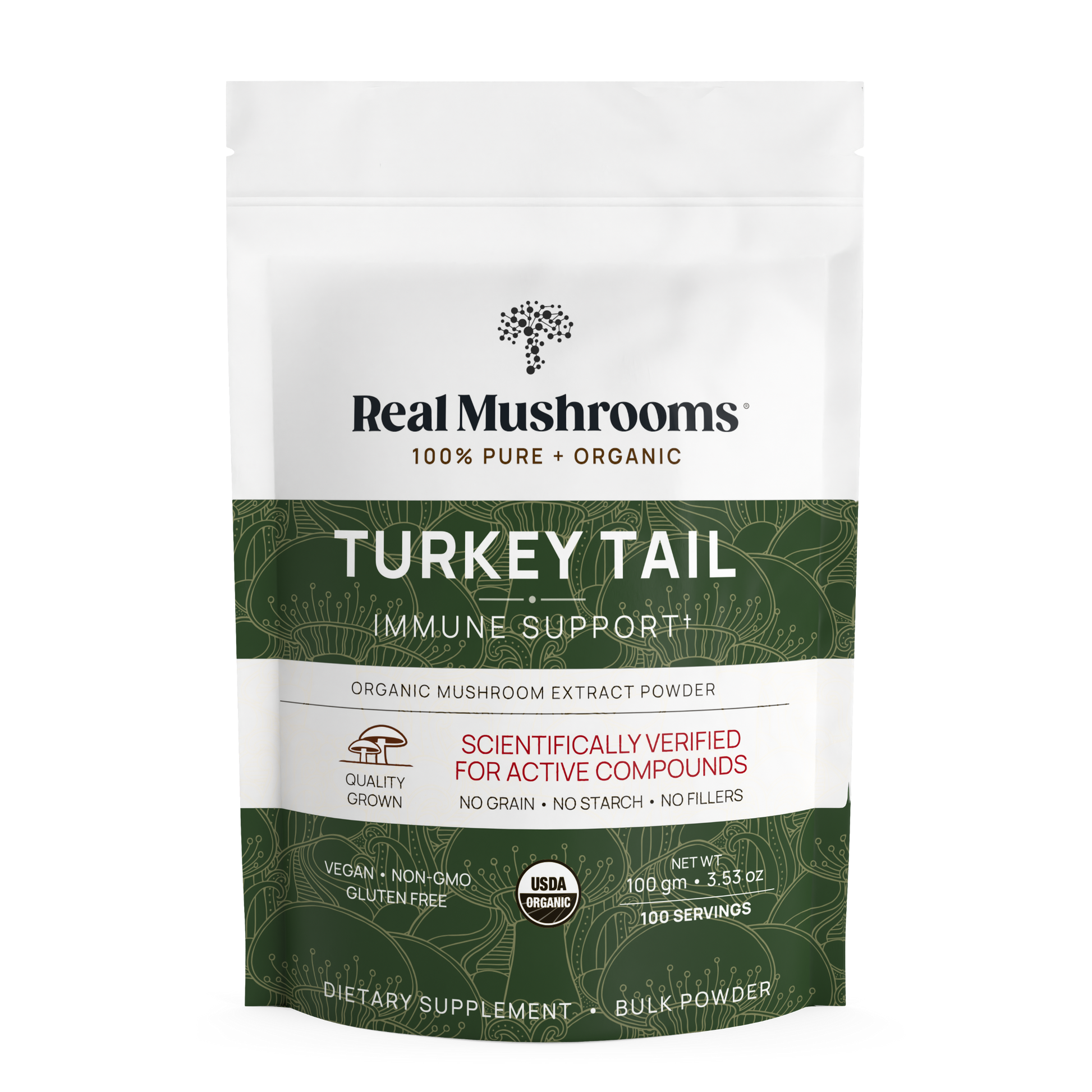 Front of Real Mushrooms Turkey Tail Extract - Bulk Powder pouch, showcasing immune health support, organic mushroom supplement benefits, vegan and gluten-free formula, 100 servings per pack, and science-verified active compounds.