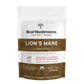 A bag of Real Mushrooms Lion’s Mane Mushroom Powder, an organic extract, displays product info, certifications, beta-glucans content, and serving details on the front label.