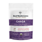 A package of Real Mushrooms Organic Chaga Extract Powder with product details, beta-glucans content, and certifications displayed on the front label.