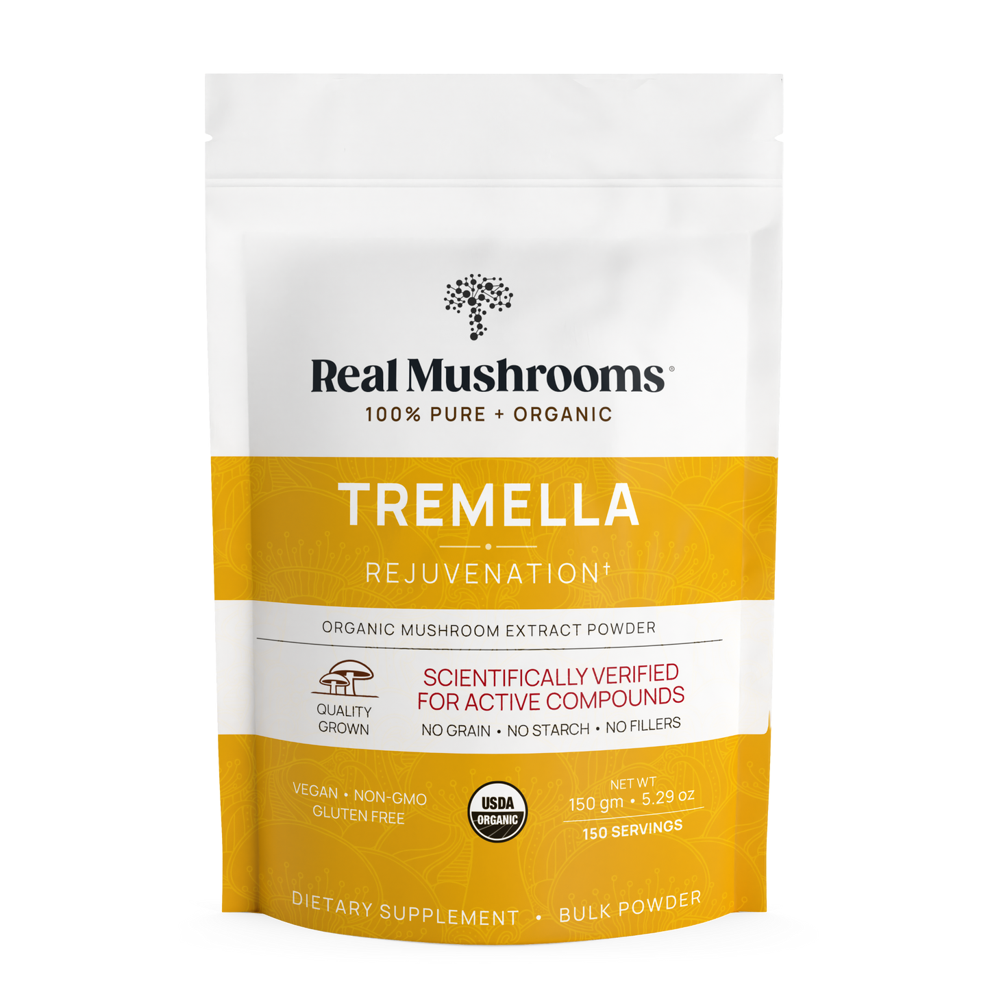 A white and yellow pouch labeled "Organic Tremella Extract Powder" by Real Mushrooms, 150g, features USDA organic badges and highlights Tremella fuciformis extract rich in beta-glucans for quality wellness support.