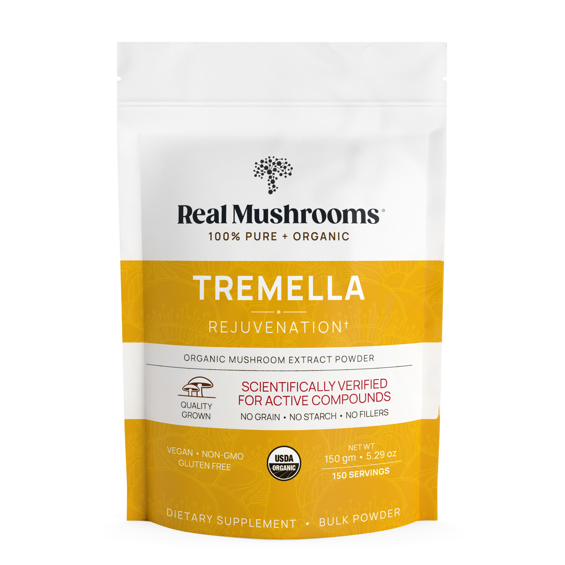 A white and yellow pouch labeled "Organic Tremella Extract Powder" by Real Mushrooms, 150g, features USDA organic badges and highlights Tremella fuciformis extract rich in beta-glucans for quality wellness support.