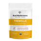 A white and yellow pouch labeled "Organic Tremella Extract Powder" by Real Mushrooms, 150g, features USDA organic badges and highlights Tremella fuciformis extract rich in beta-glucans for quality wellness support.