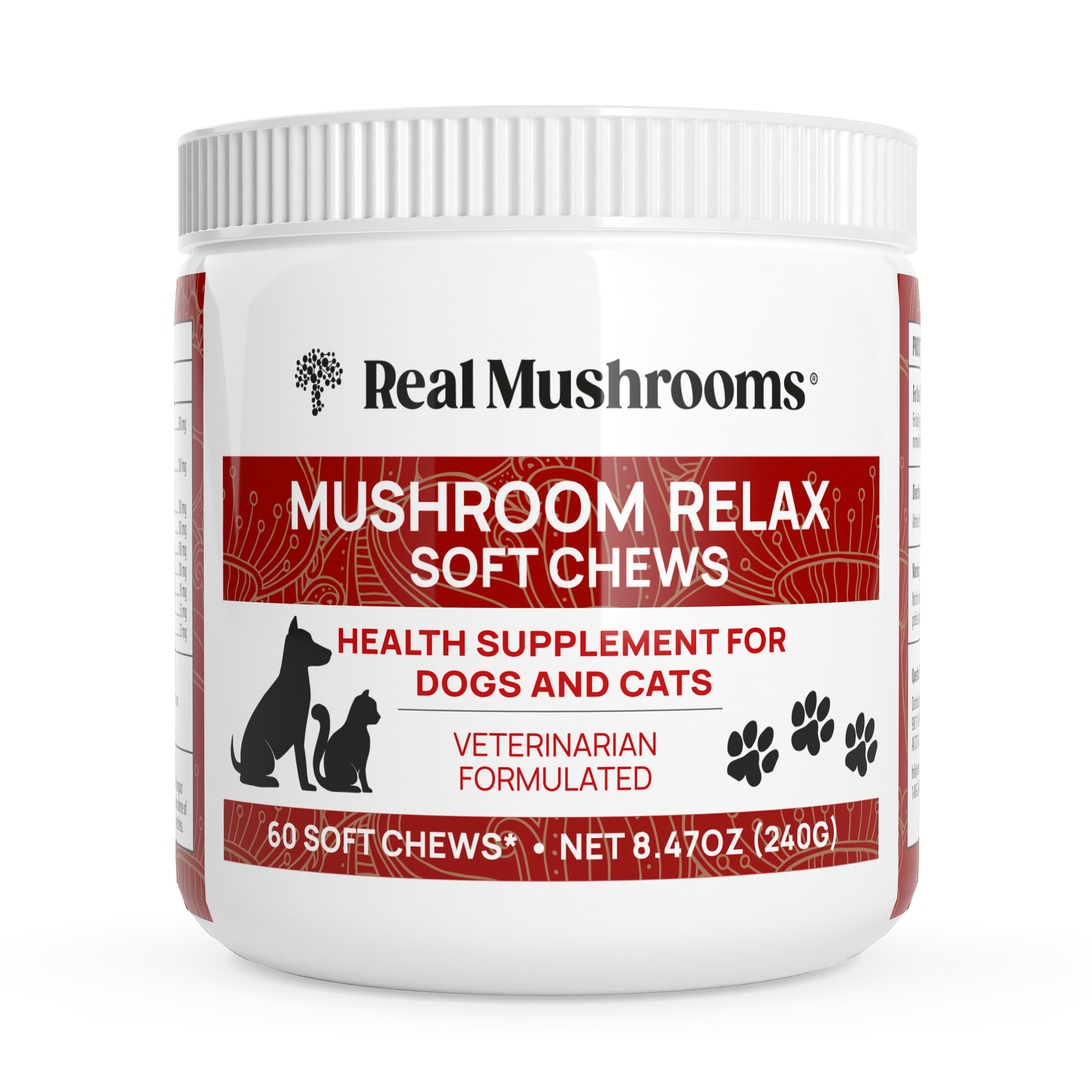 Real Mushrooms' "Mushroom Relax Pet Chews," enriched with Reishi and Lion's Mane mushrooms as adaptogens, provide a health supplement for dogs and cats. The container includes 60 chews, with a total weight of 8.47 oz.