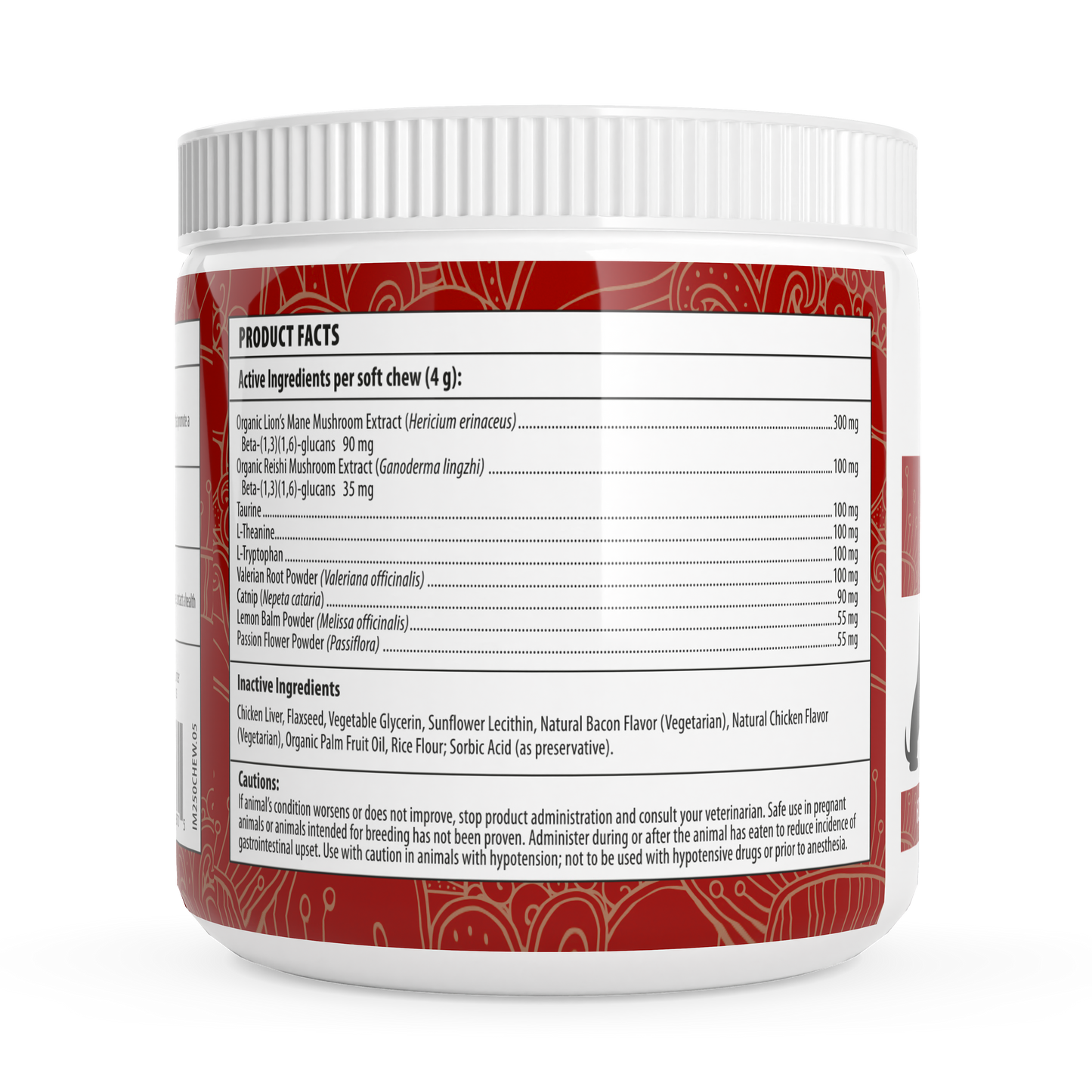 Container of Mushroom Relax Pet Chews by Real Mushrooms, featuring product facts and ingredient details on the label. The packaging showcases a red and white design and includes adaptogens like Lion's Mane mushroom to support overall wellness.