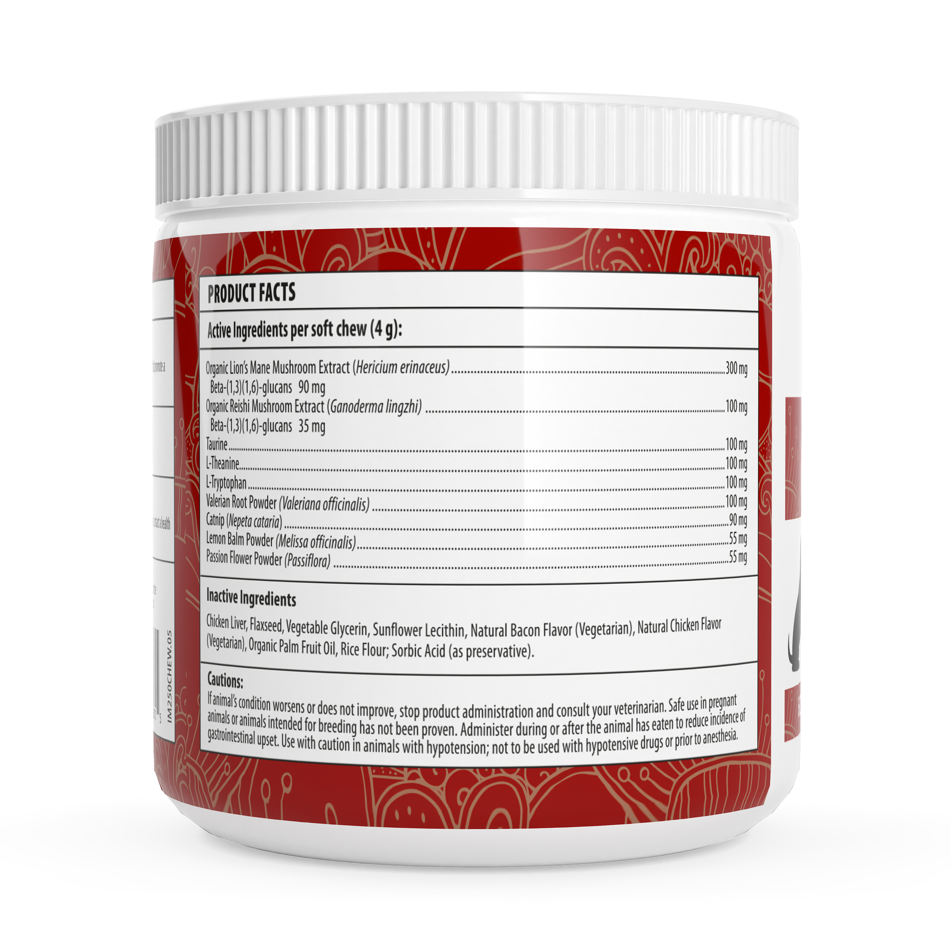 Container of Mushroom Relax Pet Chews by Real Mushrooms, featuring product facts and ingredient details on the label. The packaging showcases a red and white design and includes adaptogens like Lion's Mane mushroom to support overall wellness.