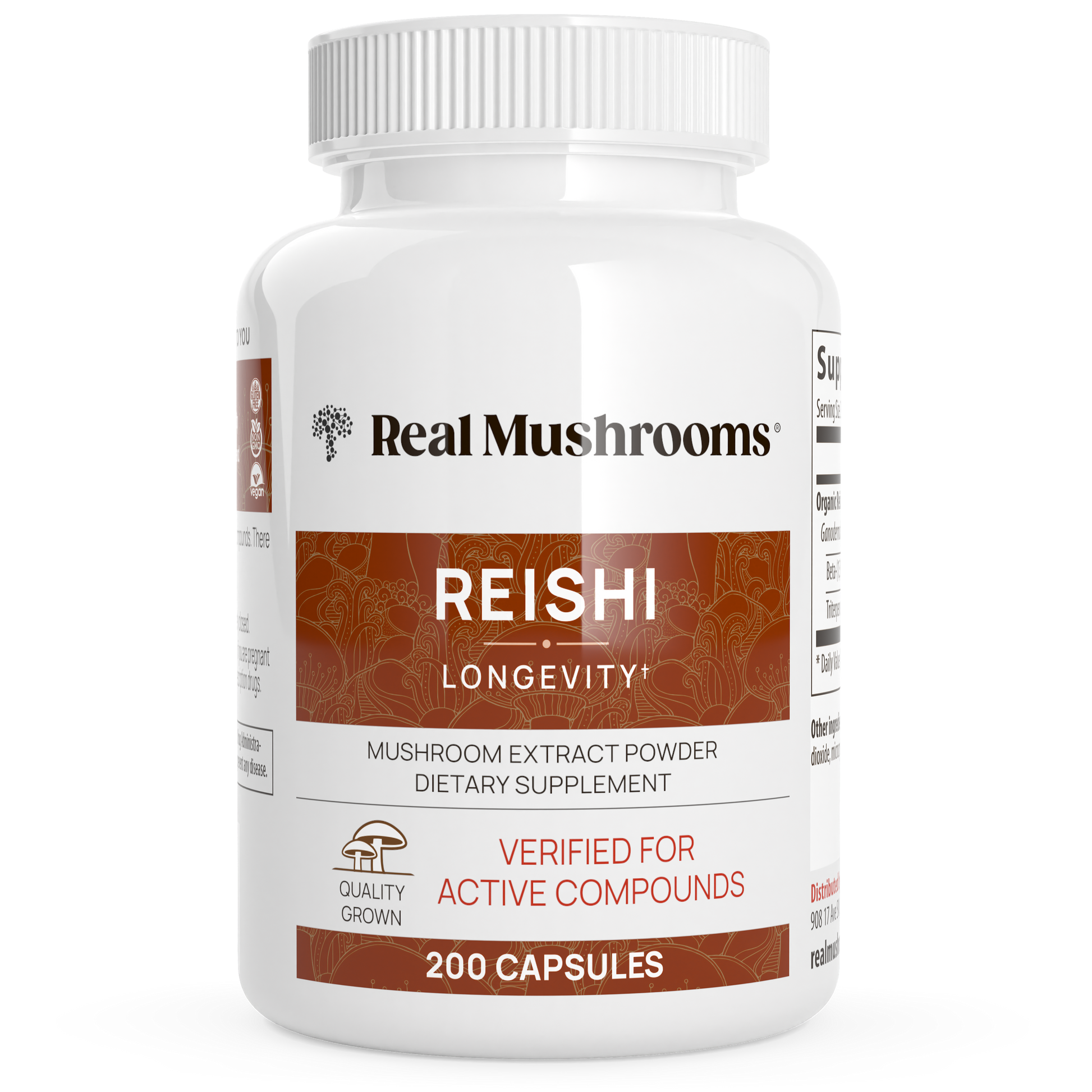 A white bottle labeled "Real Mushrooms Organic Reishi Mushroom Capsules," containing 200 capsules of mushroom extract powder dietary supplement, verified for active compounds and rich in beta-glucans from organic reishi mushrooms.